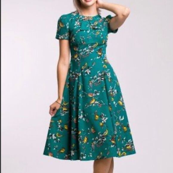 Hell Bunny Womens Blue Green Birdy Round Neck Short Sleeve A Line Dress X-Small - Picture 14 of 14